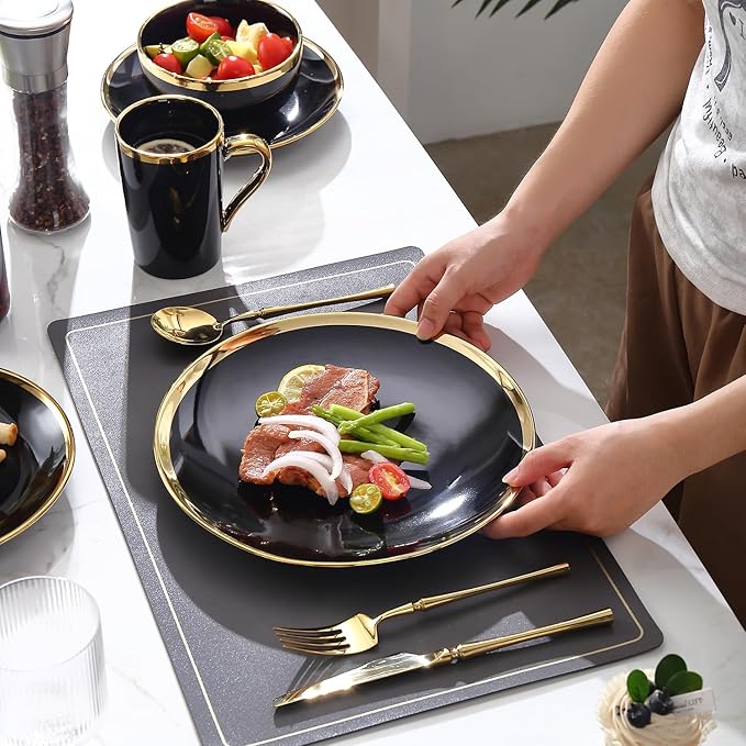 Dinner Plates, Set of 6, 8 inch, Black Porcelain with Gold Trim, Small Plates, Black Ceramic Plates, Ideal for Desserts and Appetizers.