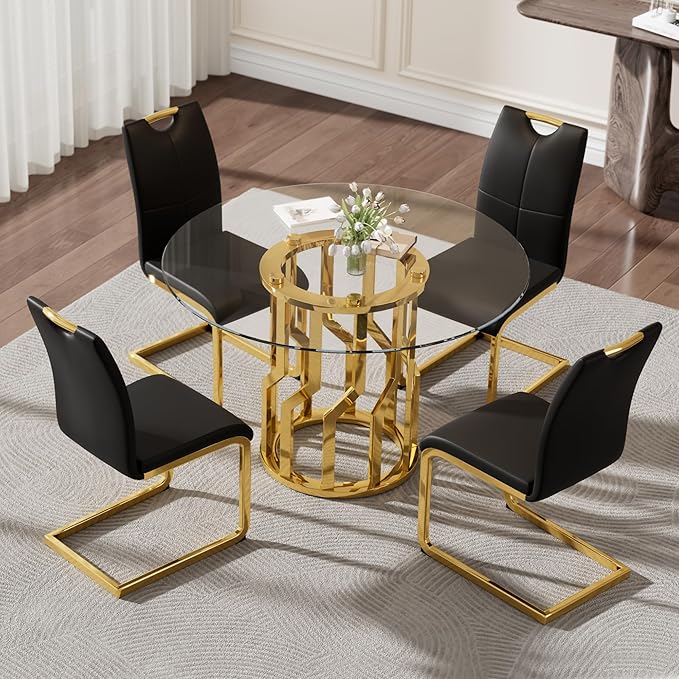 38.9" Round Glass Dining Table Set for 4, Modern 5 Piece Kitchen Table Set with Gold Stainless Steel Base & 4 PU Leather Accent Chairs, Saving Space, Dining Set for Apartment, Home - Black Chair