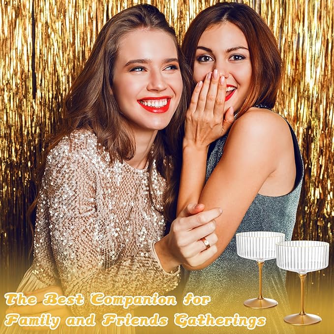 XUWAIDSGN 100 Pcs Champagne Martini Glasses 9 Oz with Gilded Removable Gold Rim Coupe Glasses Pink Martini Glasses Plastic Mimosa Vintage Coupe Glasses Set For Wedding Anniversary (100, Ribbed Gold)