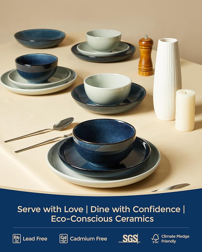 16 Piece Double Bowl Dinnerware Sets with Pasta Bowls, Highly Chip and Crack Resistant Plates and Bowls Sets, Natural Earthyware Ceramic Dishware Sets, Service for 4 Starry Blue