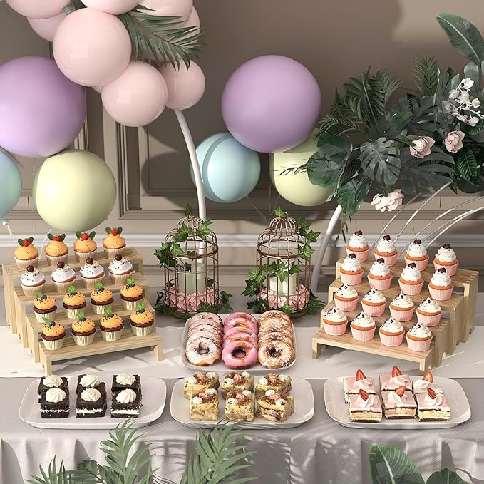 4 Set Large Wooden Tiered Riser Display Stands for Vendor Events,Stackable Perfume Organizer Cologne Stand for Men Women,Wooden Cupcake Dessert Stand,Wood Dessert Table Display Set,Food Display Risers for Party（12-11.2-10.4-9.6IN）