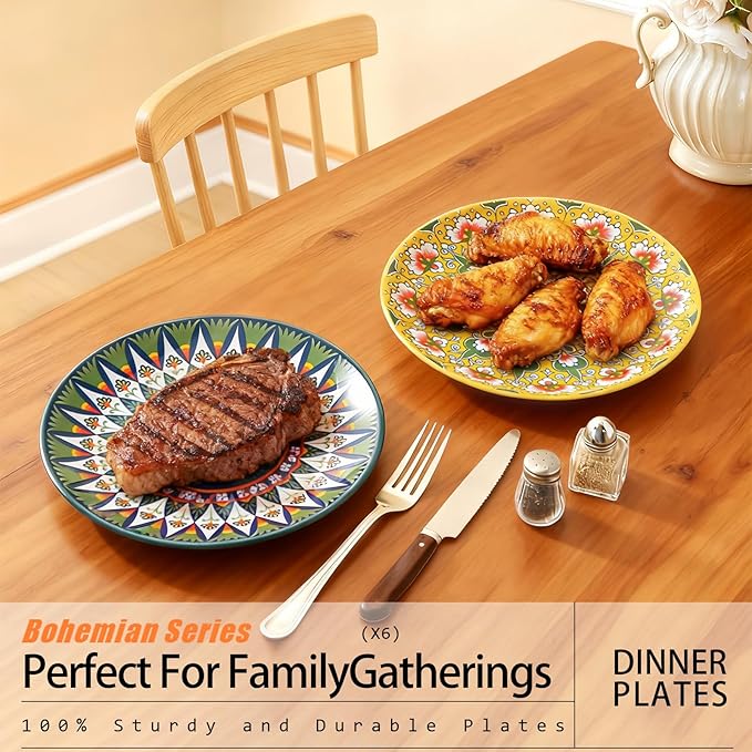 6-piece Bohemian plates, 8-inch main course plates, suitable for serving beef, lamb chops, turkey, and various main dishes; safe for microwave, oven, and dishwasher use