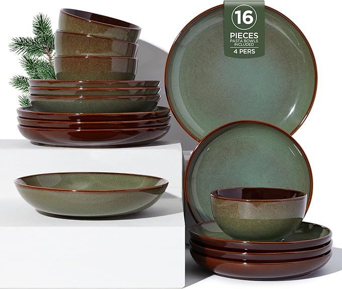 16 Piece Double Bowl Dinnerware Sets with Pasta Bowls, Highly Chip and Crack Resistant Plates and Bowls Sets, Natural Earthyware Ceramic Dishware Sets, Service for 4 Sage Green