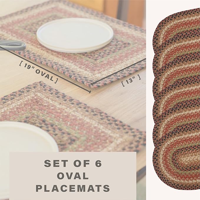 Homespice Gingerbread Jute Braided Oval Placemats, Warm Country Decor, Set of 6, 13x19 Brown Table Mats - Vibrant Colors, Durable, Easy to Clean and Protects Furniture