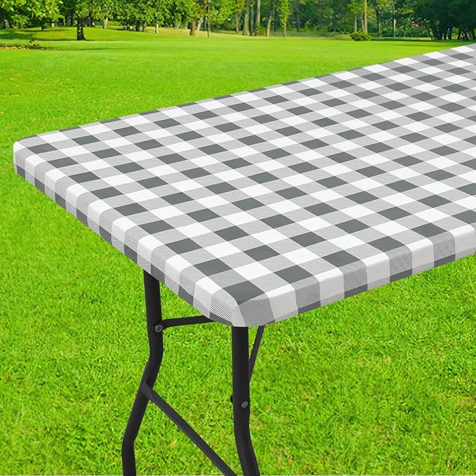 Smiry Rectangle Picnic Table Cloth, Elastic Waterproof Fitted Vinyl Tablecloths, Flannel Backed Buffalo Plaid Table Covers for Dining, Camping, Outdoor (White and Grey, 36" x 96")