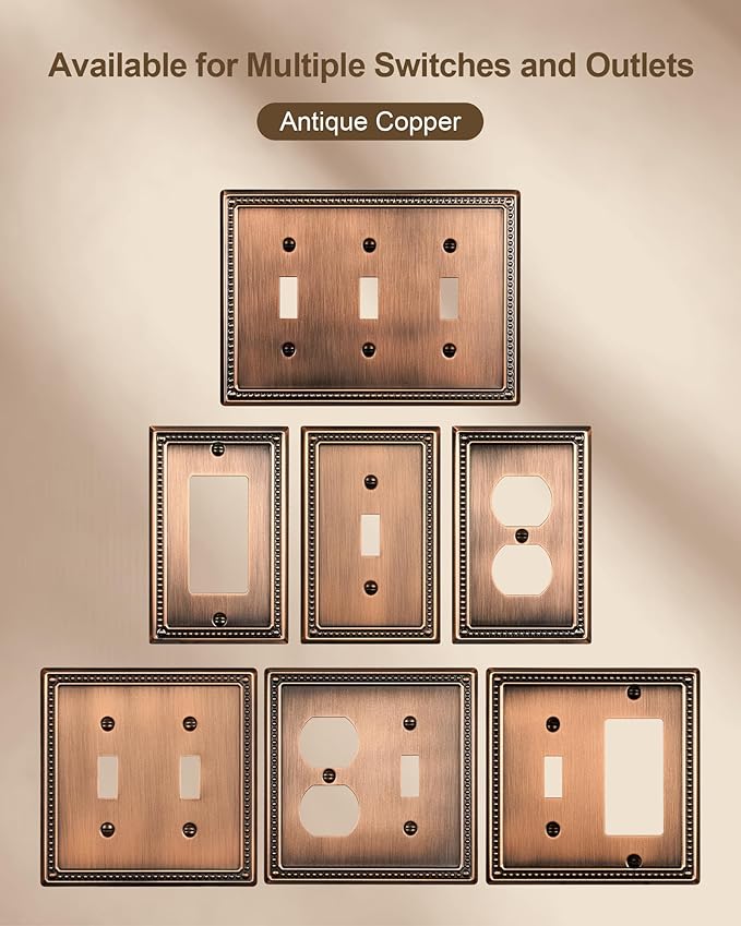 6-Pack Duplex Outlet Cover Plate, Antique Copper Metal Wall Plates for Electrical Outlets, 1 Gang Receptacle Cover, Pearls Decorative Switch Plates and Outlet Covers
