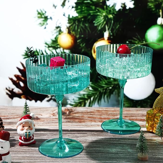 24 Pcs Ribbed Martini Glasses 10 oz Disposable Plastic Vintage Ribbed Coupe Glasses Unbreakable Dessert Parfait Glassware for Wedding Birthday Party Supplies (Light Green)