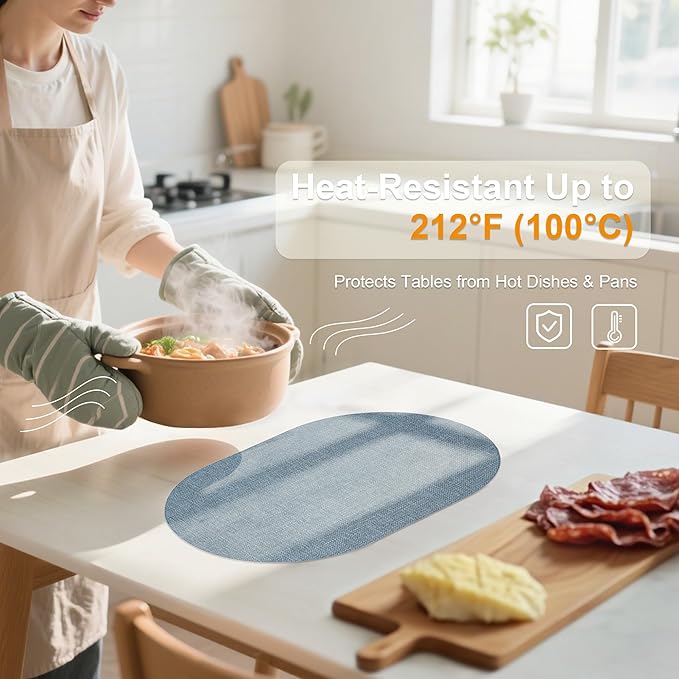 Oval Placemats for Dining Table Set of 6, Washable Leather Table Mats, Waterproof Heat-Resistant Non-Slip Kitchen Placemats, Simple Style Oval Design
