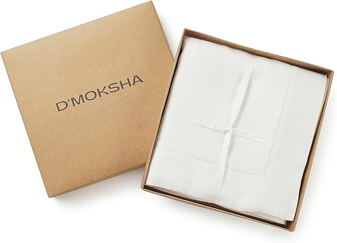 D'Moksha Homes Ivory Linen Tablecloth 60 x 120 Inch - 100% Pure Linen Hemstitch Tablecloth for Rectangle Tables - Classic Hemstitch, Machine Washable Table Cloth for Valentines, Spring, Easter