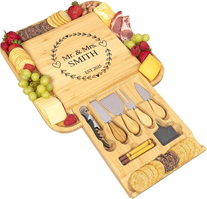 Personalized Bamboo Cheese Board Gift Set – Custom Engraved Charcuterie Board with Cheese Knives, Romantic Valentine’s Day Gift for Couples
