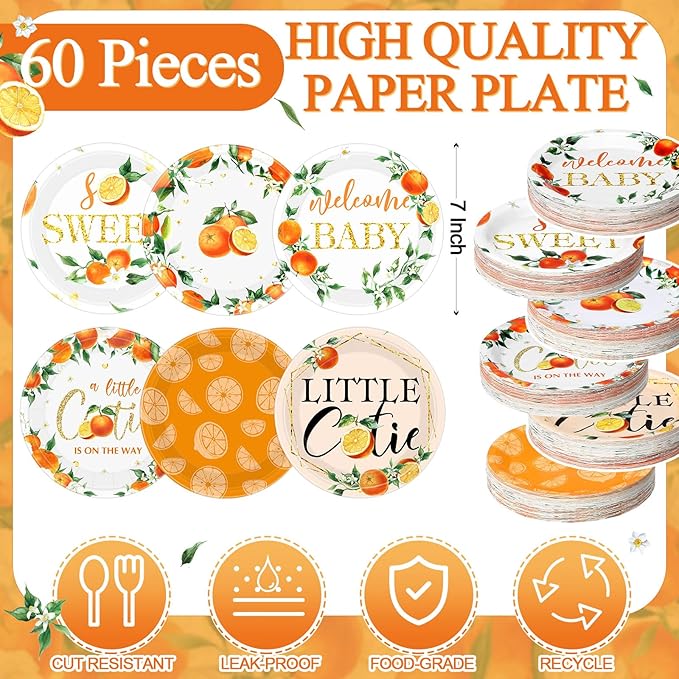 60 Pcs 7 Inch Little Cutie Paper Plates Orange Baby Shower Plates Decorations Fruit Orange Citrus Baby Shower Tableware a Little Cutie Is on the Way Party Supplies for Fruit Birthday Party