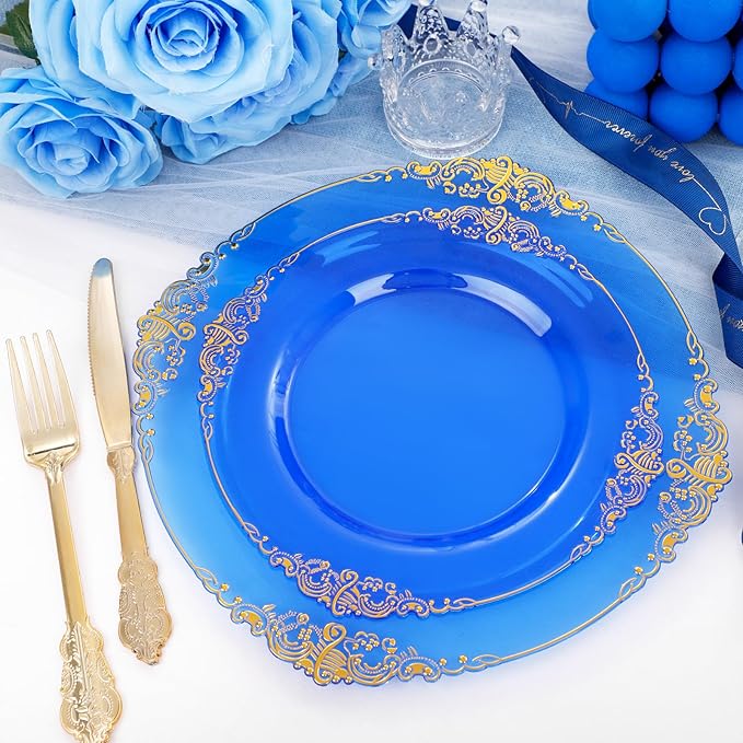 102PCS Blue Plastic Plates - Royal Gold Disposable Plates - Clear Blue Party Plate - Heavyweight Disposable Plate with Gold Rim - Fancy Dinner & Dessert Plates for 51 Guests Party Wedding