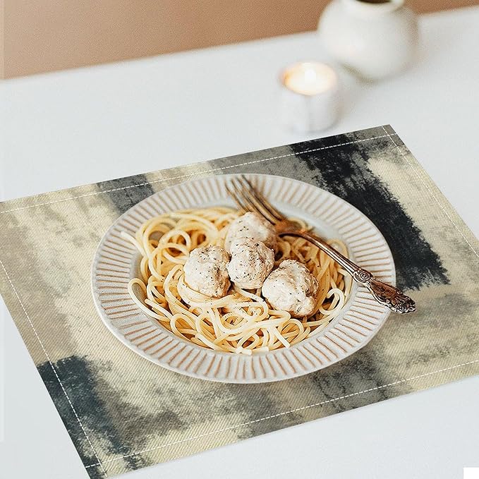 Gradient Placemat Set, Modern Minimal Fashion Abstract Beige Grey Blue Art Oil Painting Brush Strokes Patchwork Pattern Home Decor Linen Table Mats for Dining Room Kitchen Party (17x12in) x6P