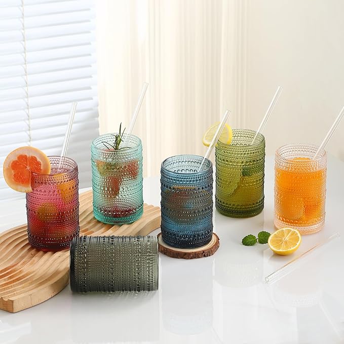 15oz Colored Hobnail Drinking Glasses Set of 6,Vintage Kitchen Glassware, Embossed Beaded Glass Cups,Water Tumbler for Cocktail,Juice and Various Mixed Drinks
