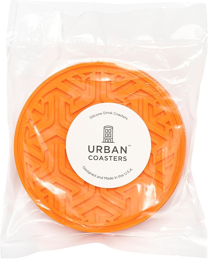 Drink Coasters - Set of 4 Non-Slip Silicone Rubber Coasters for Tabletop Protection - Orange