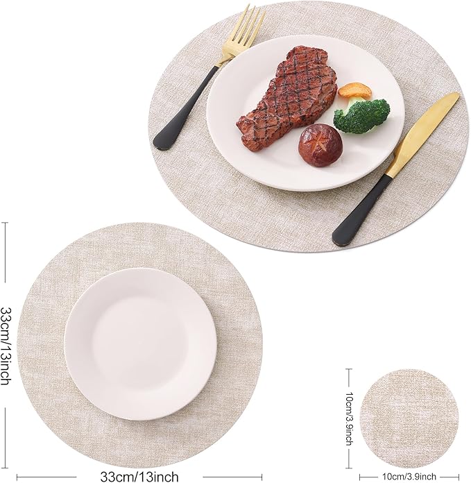 Homaxy Round Faux Leather Placemats and Coasters, Washable Dual-Side Table Mats, Wipeable Heat-Resistant Dining Place Mats for Outdoor and Indoor, Set of 8, Diameter 13 and 3.93 inch, Beige