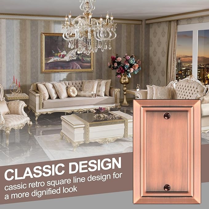 Metal Wall Plate for Electrical Outlets, Decorative Antique Copper Switch Plates Outlet Cover, Light Switch Cover Plate, 1-Gang Wall Plates (Single blank, 4 Pack)