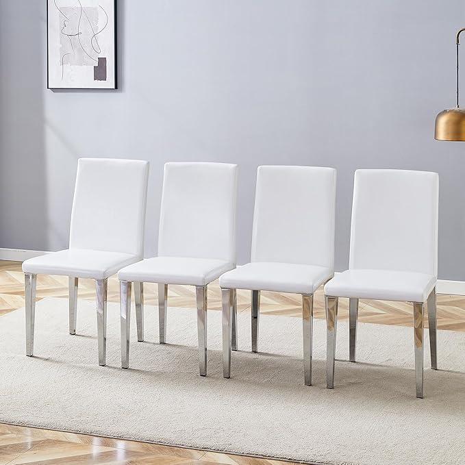 White Dining Chairs Set of 8,Faux Leather with Chrome Plate Metal Legs,Armless Kitchen Room Chairs Set of 8,Max Load 300 Lbs,High Back Modern Design for Home Kitchen Living Room Bedroom