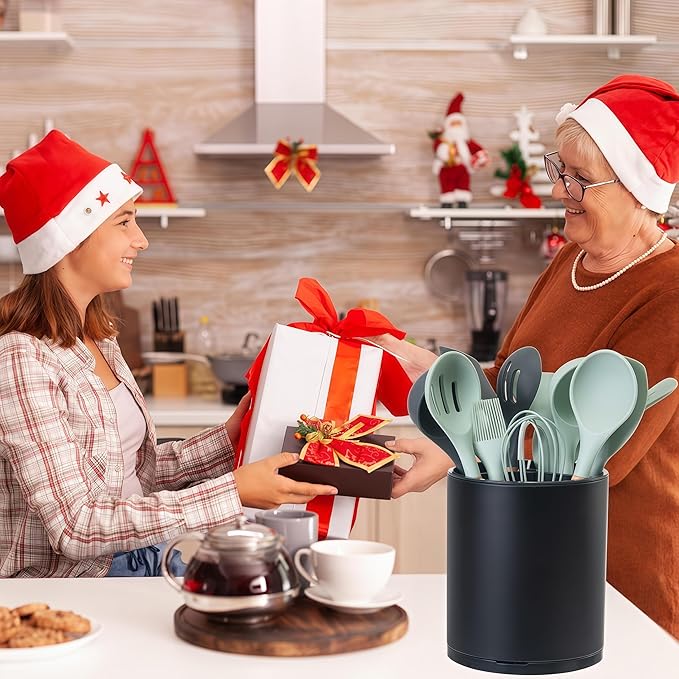 Kitchen Utensil Holder Extra Large 360°Rotating For Counter Organizer Stainless Steel Storage Cooking Silverware Caddy 3 Compartment Flatware Spoon Spatula Tool Cutlery Container（Black）