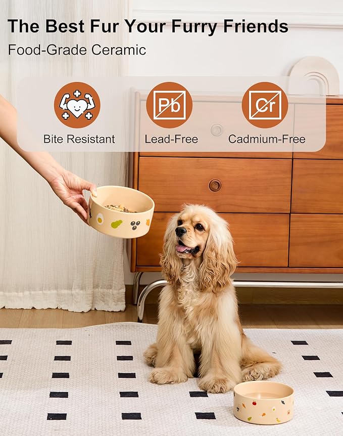 Ceramic Dog and Cat Bowl Set of 2 with Weighted Non-Slip Ring - 1.6 Cups, Stoneware Food and Water Set, Pet Feeding, Microwave and Dishwasher Safe-NomNom-S 2pcs