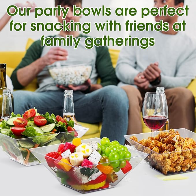 Tioncy 30 Pcs Square Plastic Serving Bowls, Medium Salad Fluted Plastic 35 oz Disposable Serving Bowls Containers for Parties, Snack, Buffet, Chips(Clear,Classic)