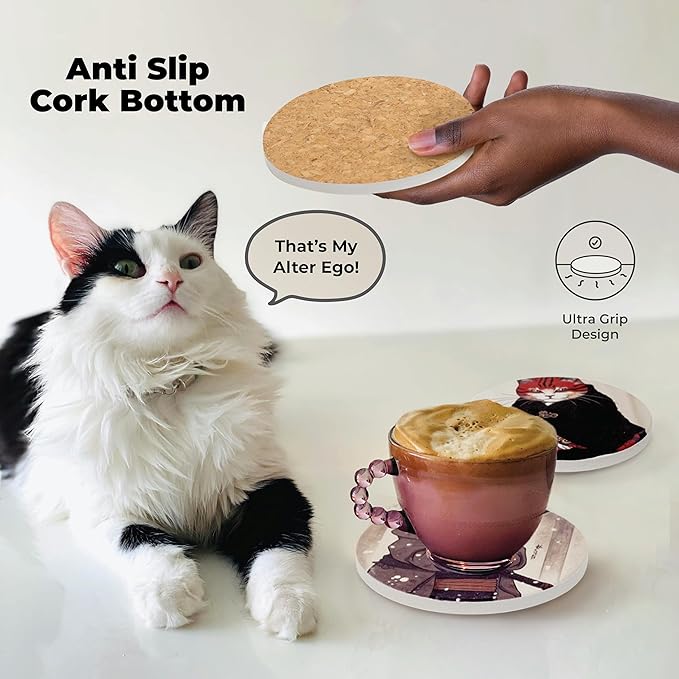 Gifts for Cat Lovers - Ninja Cat Coasters - Anime Cat Decor - Set of 6 Drink Coasters with Holder