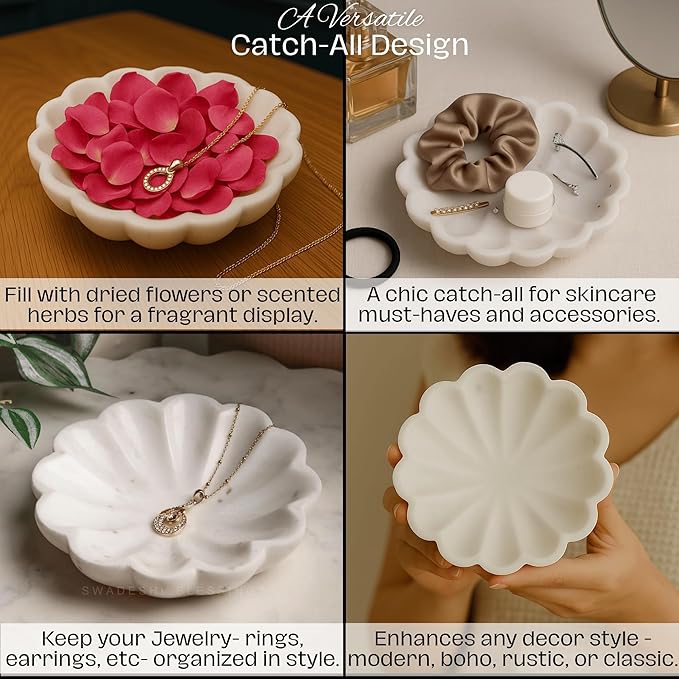 Handcrafted Marble Jewelry Tray, Decorative Trinket Dish for Rings Earrings Necklace Bracelet, Key Bowl, Ideal Gift for Mother Sister Daughter Friends, Birthday Wedding Christmas 5"