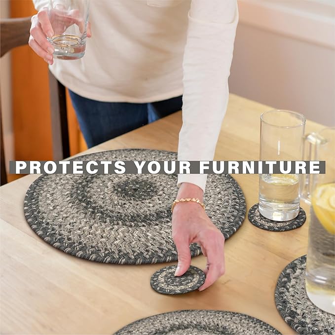 Homespice Flint Hill Round Braided Placemats, Warm Primitive Decor, Set of 2, 15", Grey Jute Table Mats - Vibrant Colors, Durable, Easy to Clean and Protects Furniture