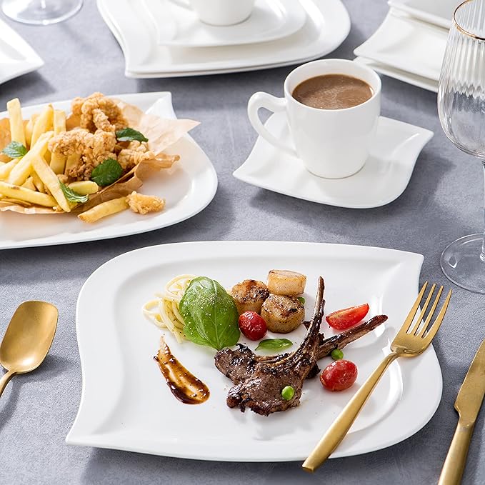 MALACASA Ivory White Dinnerware Set, 30-Piece Porcelain Dishes Dinnerware Sets, Dinner Set with Plates and Bowls, Cups and Saucers Set, Dishes Set Tableware, Dinnerware Set for 6, Series Elvira