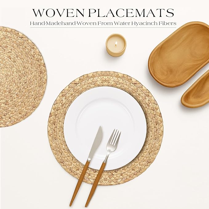 13” Woven Round Placemats Set of 4, Natural Water Hyacinth Braided Table Mats with 4 Wood Bead Napkin Rings, Washable Boho Farmhouse Rattan Place Mats for Home, Outdoor, Table Decor, Dinning, Wedding