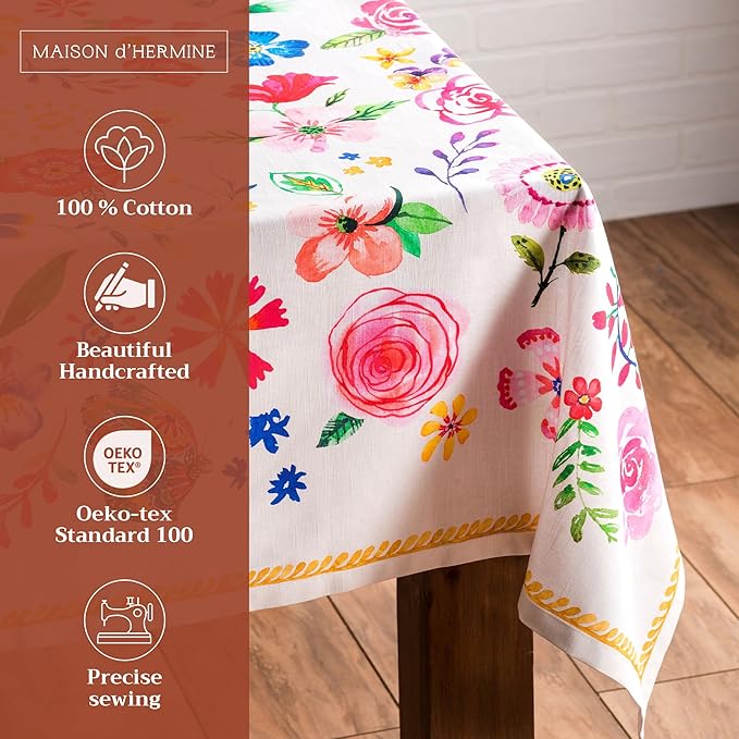 Maison d' Hermine Table Cloth Rectangle Table 100% Cotton 60 x 120 Inches Tablecloth Reusable Decorative for Dining Room Farmhouse Home Valentines Day Decorations Spring Summer- Happy Florals - Sweety
