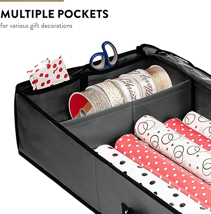 ZOBER Gift Wrapping Paper Organizer Storage - 40" Gift Wrap Storage Containers with Interior Pockets for Bows, Tags & Ribbons - Wrapping Paper Holder, 600D Oxford, Fits 24 Standard Rolls, Gray/Black