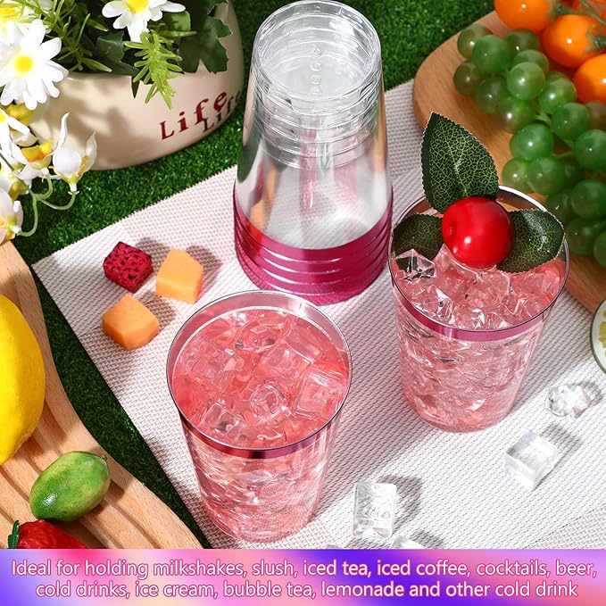 Patelai 100 Pcs Hot Pink Plastic Cups 12 oz Hot Pink Rimmed Plastic Cups Heavy Duty Wine Glasses Clear Cocktail Glasses Valentine's Day Drinking Tumblers for Party Wedding Birthday