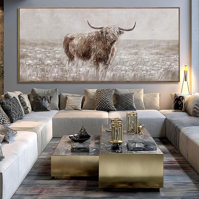 Extra Large Brown Highland Cow Canvas Wall Art with Framed Rustic Farmhouse Animal Posters Pictures Modern Country Style Wall Decor for Living Room Bedroom Office 40x88 Inch