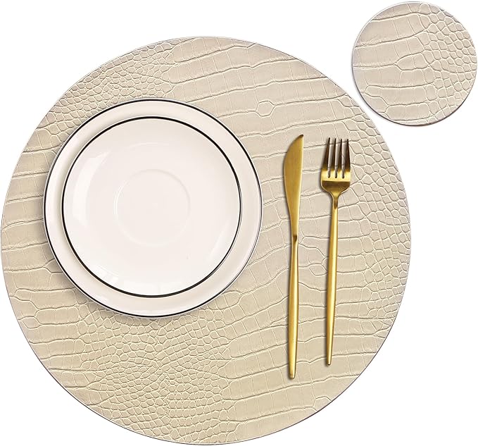 Jovono Round Leather Placemats for Round Tables Set of 8, Beige Place Mats and Coasters, Wipeable Waterproof Heat Resistant Table Mats Easy to Care for Indoor Decor 14 inch Diameter
