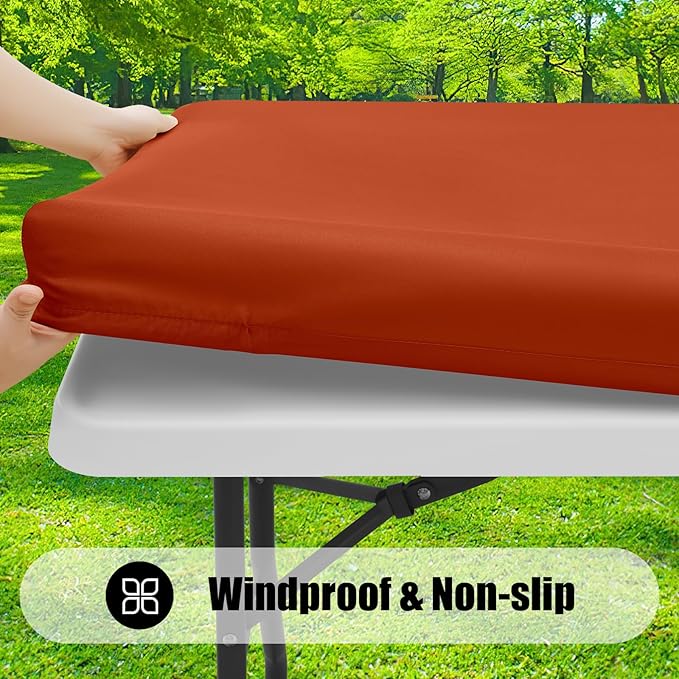 Smiry Rectangle Picnic Table Cloth, Waterproof Elastic Fitted Tablecloths for 8 Foot Tables, Washable Polyester Table Cover for Camping, Indoor and Outdoor (Rust, 30"x96")