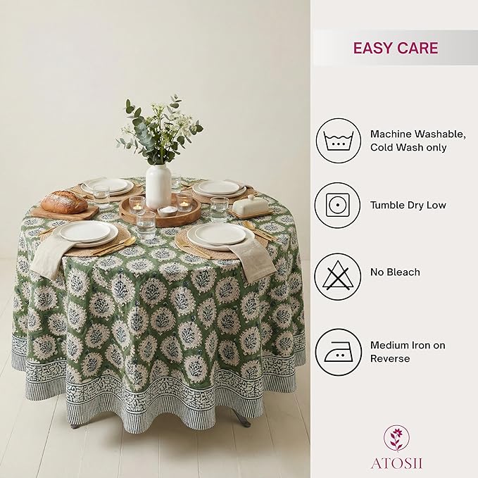 ATOSII Kari Green 100% Cotton Round Tablecloth, Handblock Print Floral Table Cloth for Kitchen Dining Linen I Parties, Weddings, Outdoors, Easter, Spring Summer Decor I 60" Inches Round