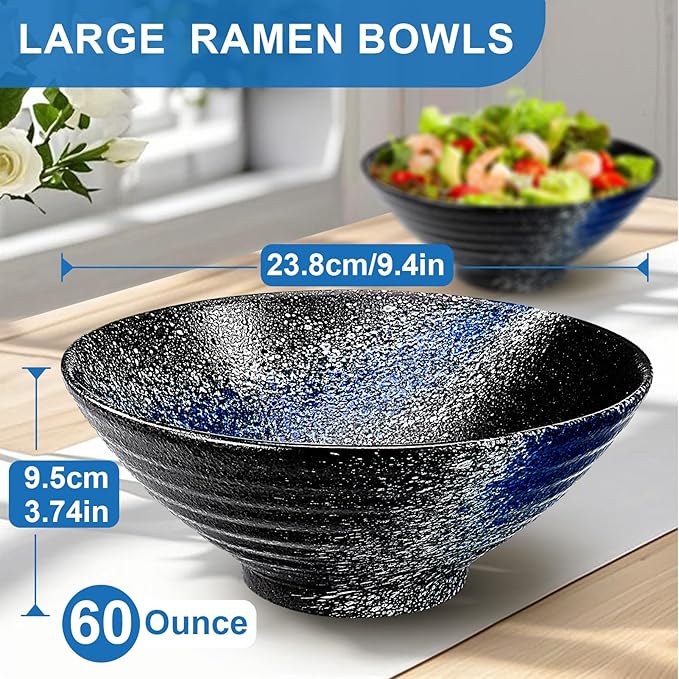 9.4Inch Ceramic Ramen Bowl Set of 2 (9 Piece) - Porcelain Japanese Salad Noodles Cereal Fruit Pasta Soup Large Bowls with Recipes Chopsticks Forks Spoons for Men Women Gift Microwave Dishwasher Safe