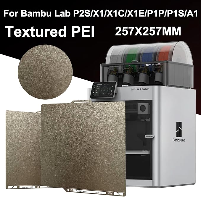 Upgraded Thicker Textured PEI Plate 0.77mm with QR Code for Bambu Lab P1S/P2S/P1P/X1/X1C/A1 3D Printer, 257x257mm Dual-Textured Plate, Heated Bed Magnetic Flexible Spring Steel PEI Sheet Plate
