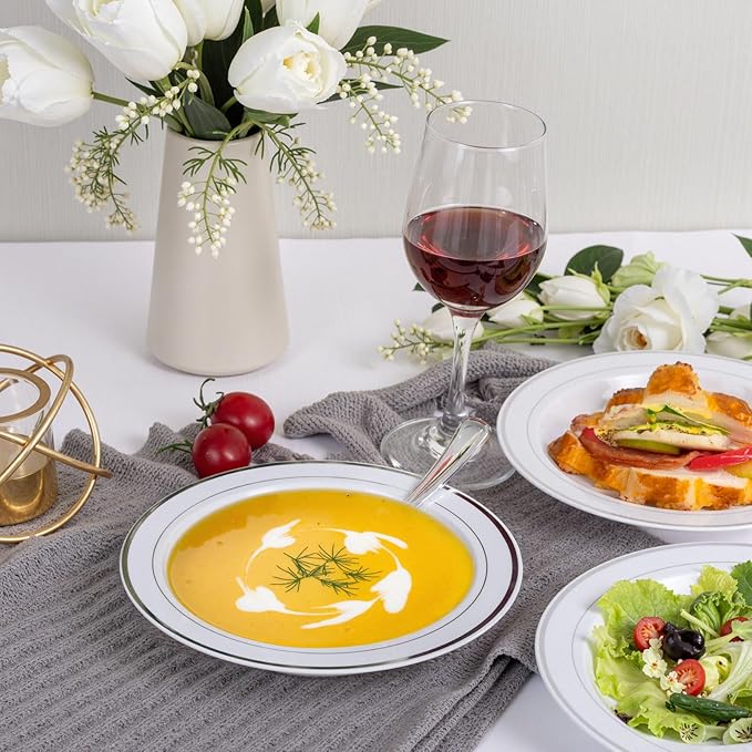 bUCLA 120 Pack Disposable Plastic Bowls 12oz - Elegant White & Silver Trim Party Bowls for Salad, Soup, Dessert - Heavy Duty Disposable for BBQ, Weddings and Christmas