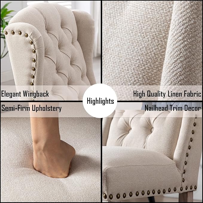 Parsons Dining Chairs Set of 2 Farmhouse Solid Wood Accent Chairs Linen Fabric Host Side Kitchen Chair with Tufted Wingback for Dining Room/Living Room/Bedroom,Cream