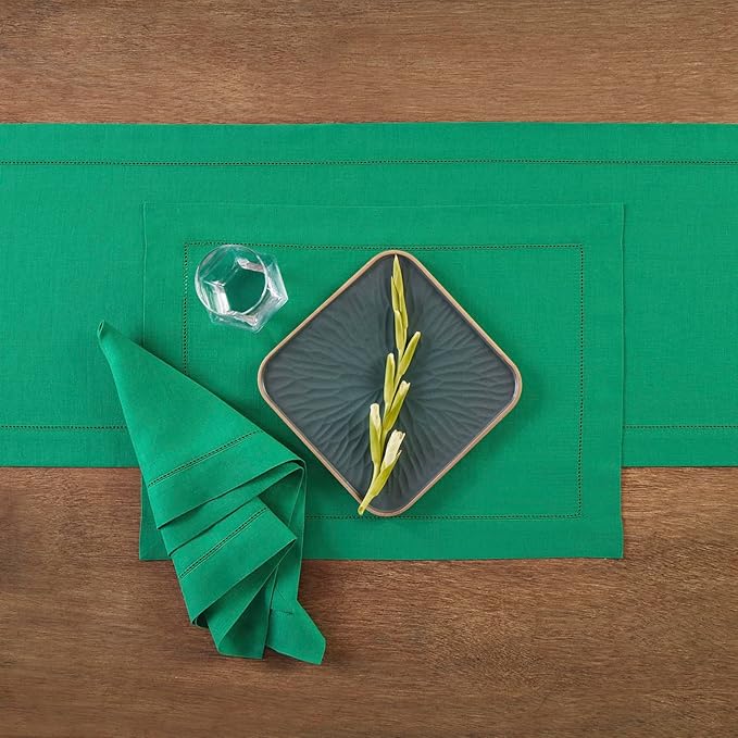 Solino Home Linen Cloth Placemats Set of 4-100% Pure Linen Hemstitch Emerald Green Placemats 14 x 19 Inch - Classic Hemstitch Table Place Mats for St Patricks Day
