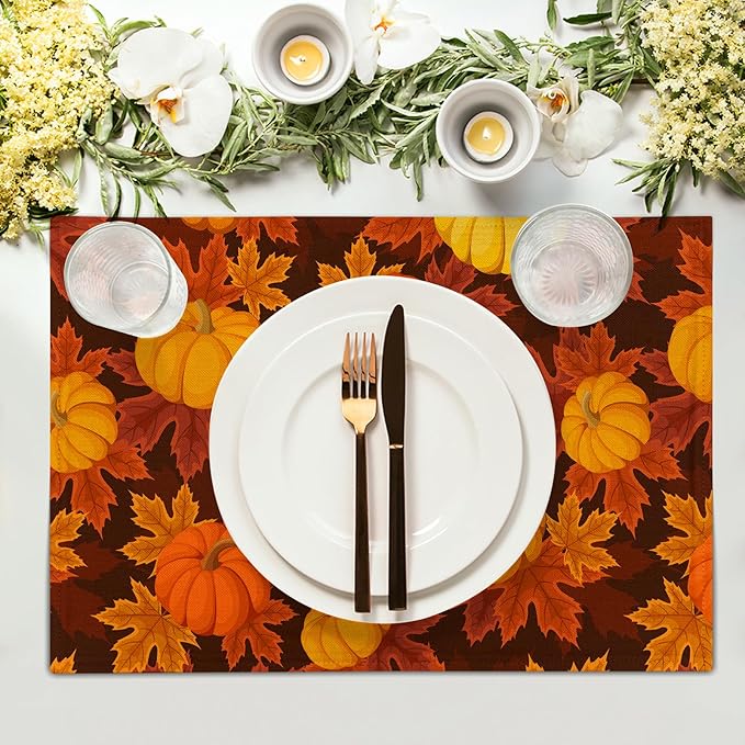 aportt Fall Placemats Set of 4 Autumn Pumpkin Leaves Linen Place Mat Washable Non-Slip Heat Resistant 12×18 Inch Thick Place Mats Decorative Fabric Table Mat for Dining Table