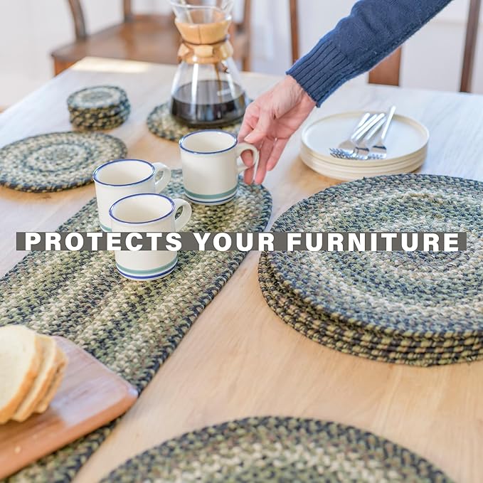 Homespice Pinecone Jute Braided Oval Placemats, Warm Country Rustic Decor, Set of 6, 13x19 Green Table Mats - Vibrant Colors, Durable, Easy to Clean and Protects Furniture