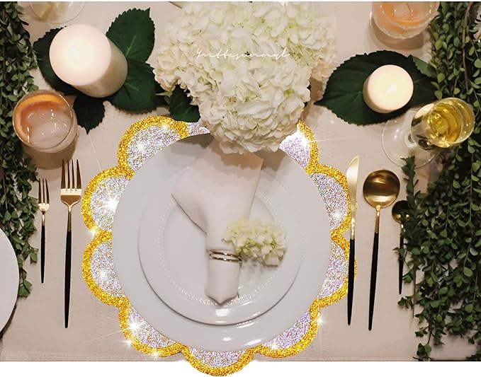 Washable Waterproof Diamond Circle Placemats for Round Tablescape Decor for Dinner and Kitchen Bling Placemats for Weddings & Special Events (Yellow)