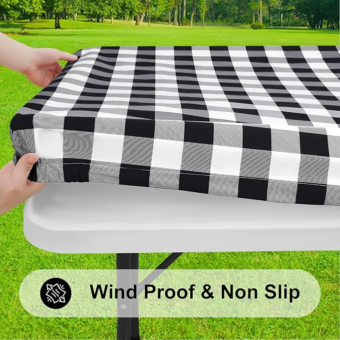Smiry Rectangle Picnic Table Cloth, Elastic Waterproof Fitted Vinyl Tablecloths, Flannel Backed Buffalo Plaid Table Covers for Dining, Camping, Outdoor (Black and White, 36" x 48")