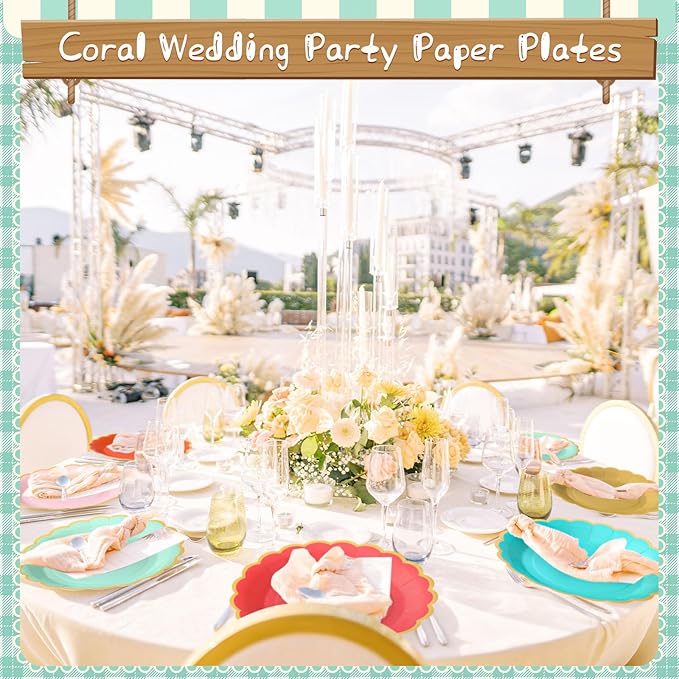 96 Pcs Colorful Coral Paper Plates 9 Inch Pastel Rainbow Scalloped Paper Plates Disposable Dinner Dessert for Birthday Wedding Bridal Party Supplies, 6 Colors