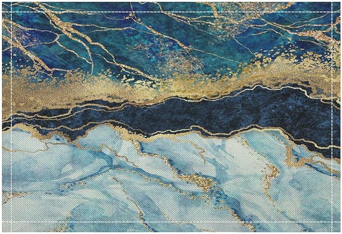 Marble Linen Placemats Set of 2, Modern Abstract Foil Texture White Blue Gold Marble Washable Cloth Place Mats, Non-Slip Dining Table Placemats for Home Kitchen Party Banquets Decor 12x17 Inch
