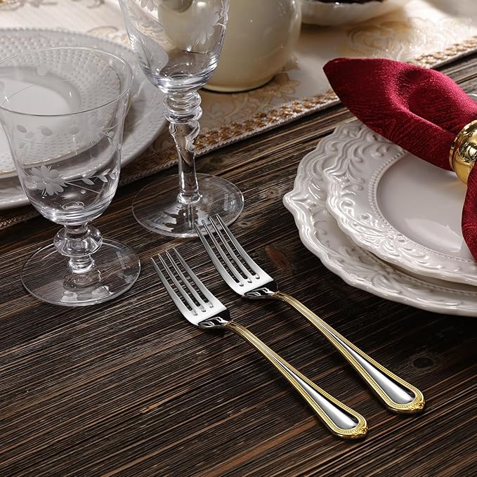 KEAWELL Pearl Edge Premium 65-Piece Refined Bead Silverware Set, 18/10 Stainless Steel, Service for 12, Fine Flatware Set with Serving Utensils, Dishwasher Safe (65, Gold Accent)