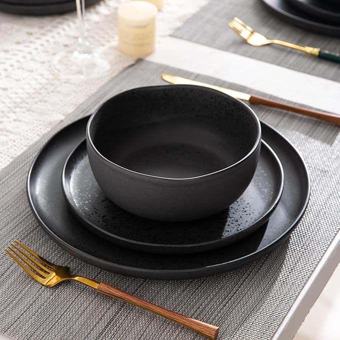 AmorArc Ceramic Dinnerware Sets, Wavy Rim Stoneware Plates and Bowls Sets,Dishwasher & Microwave & Oven Safe Dishes set, Service for 6 (18pc)-Charcoal Matte